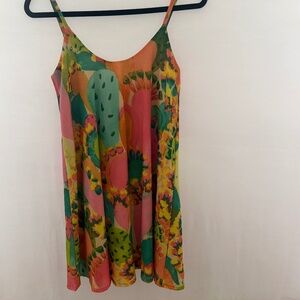 Judith March Colorful Cactus Print Mini Dress Boho Swing Summer Vacation